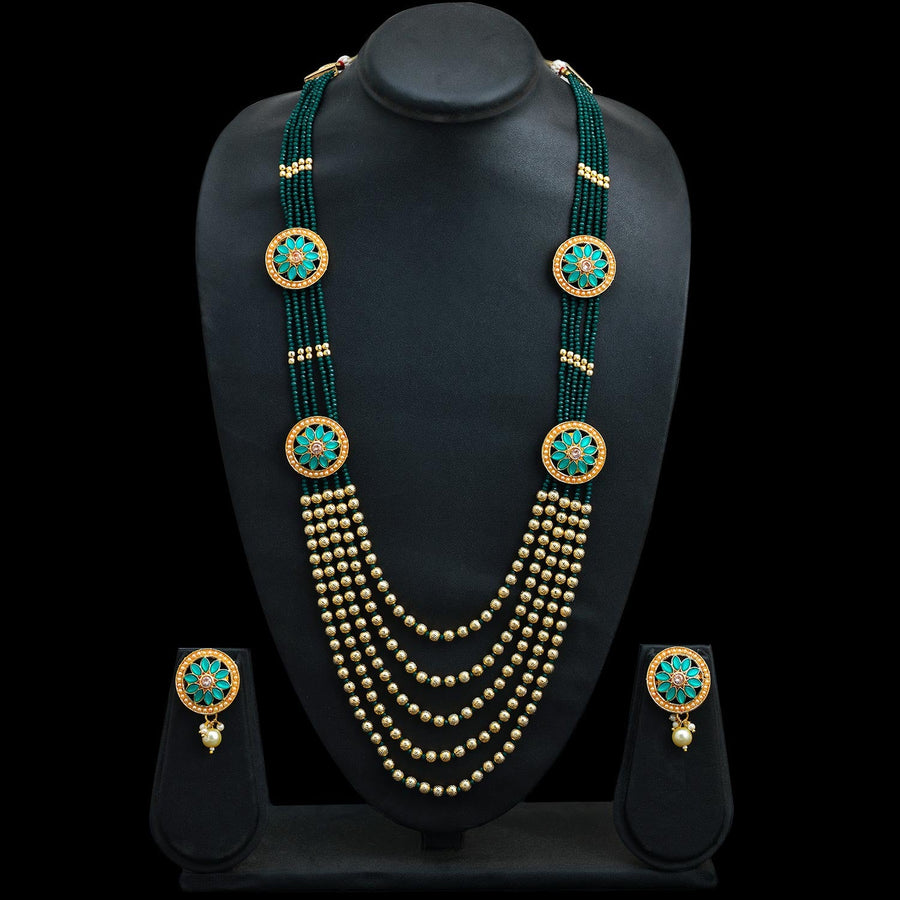 Sukkhi Green Gold Plated Pearl Long Necklace Set For Women