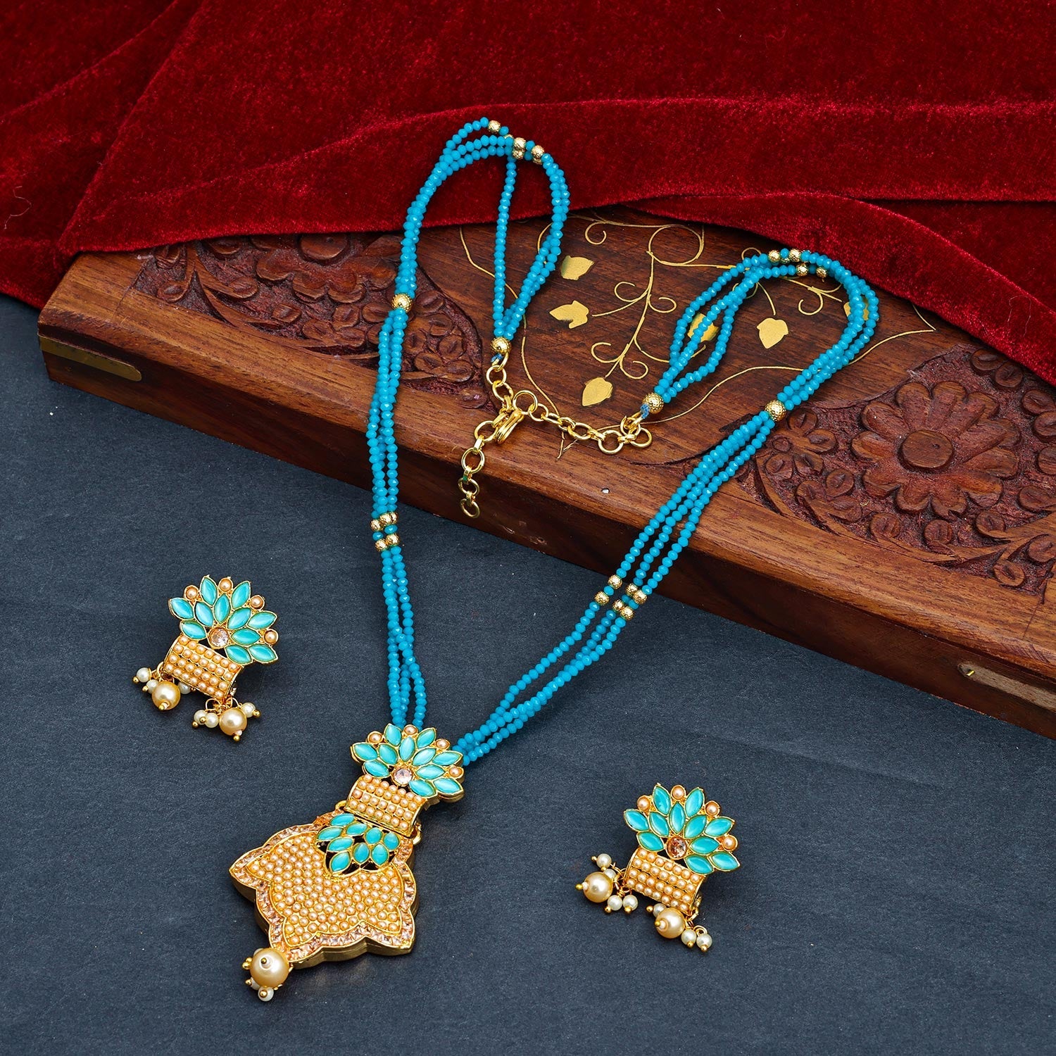 Sukkhi Aqua Gold Plated Pearl Long Necklace Set For Women