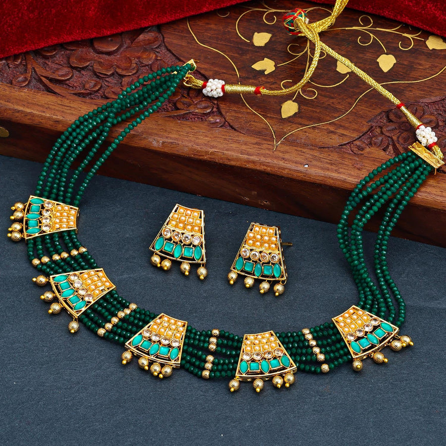 Sukkhi Green Gold Plated Pearl Choker Necklace Set For Women