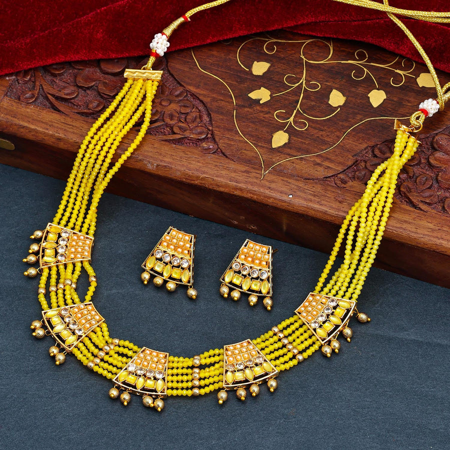 Sukkhi Yellow Gold Plated Pearl Choker Necklace Set For Women