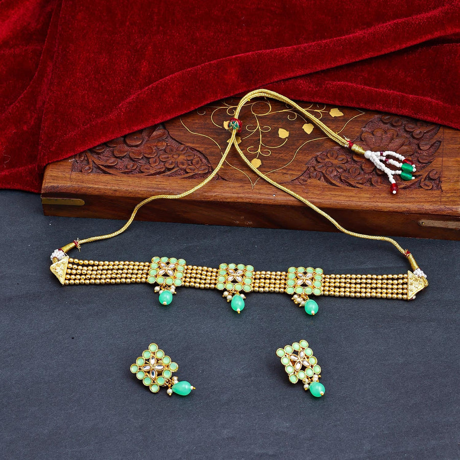 Sukkhi Green Gold Plated Kundan & Pearl Choker Necklace Set For Women