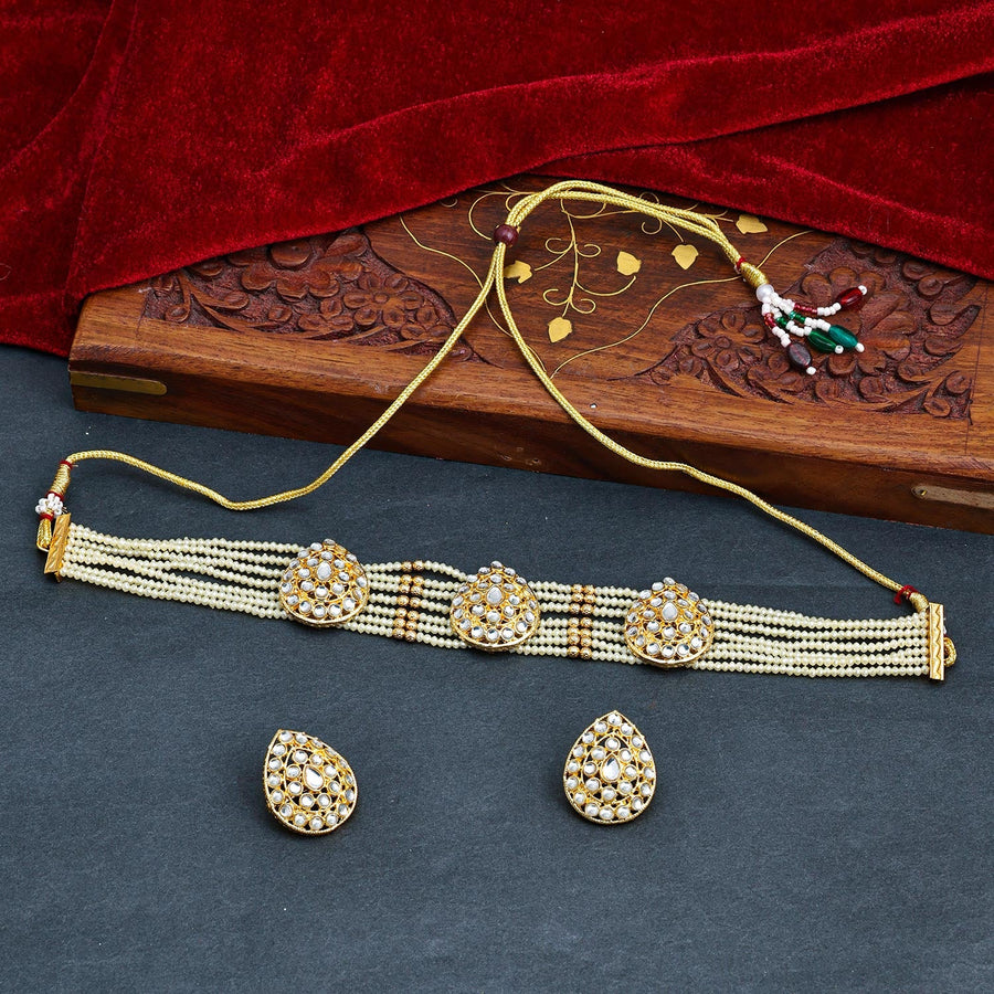 Sukkhi Golden Gold Plated Kundan & Pearl Choker Necklace Set For Women