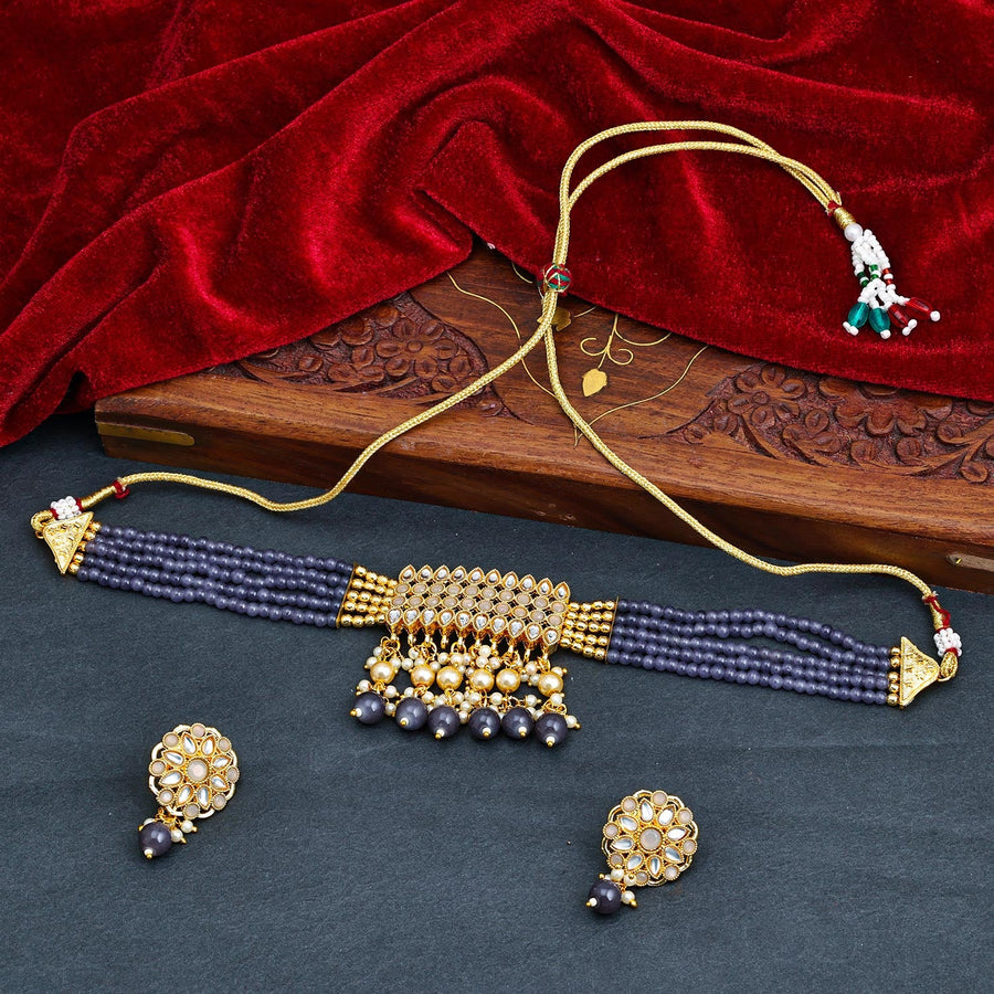Sukkhi Grey Gold Plated Kundan & Pearl Choker Necklace Set For Women