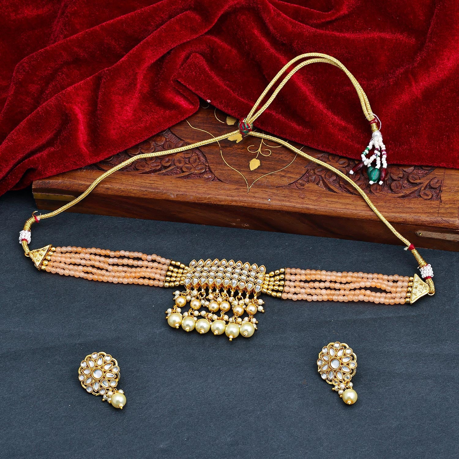 Sukkhi Peach Gold Plated Kundan & Pearl Choker Necklace Set For Women