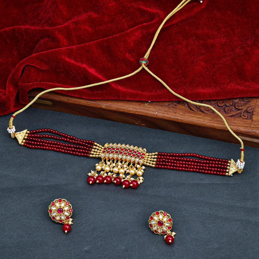 Sukkhi Maroon Gold Plated Kundan & Pearl Choker Necklace Set For Women