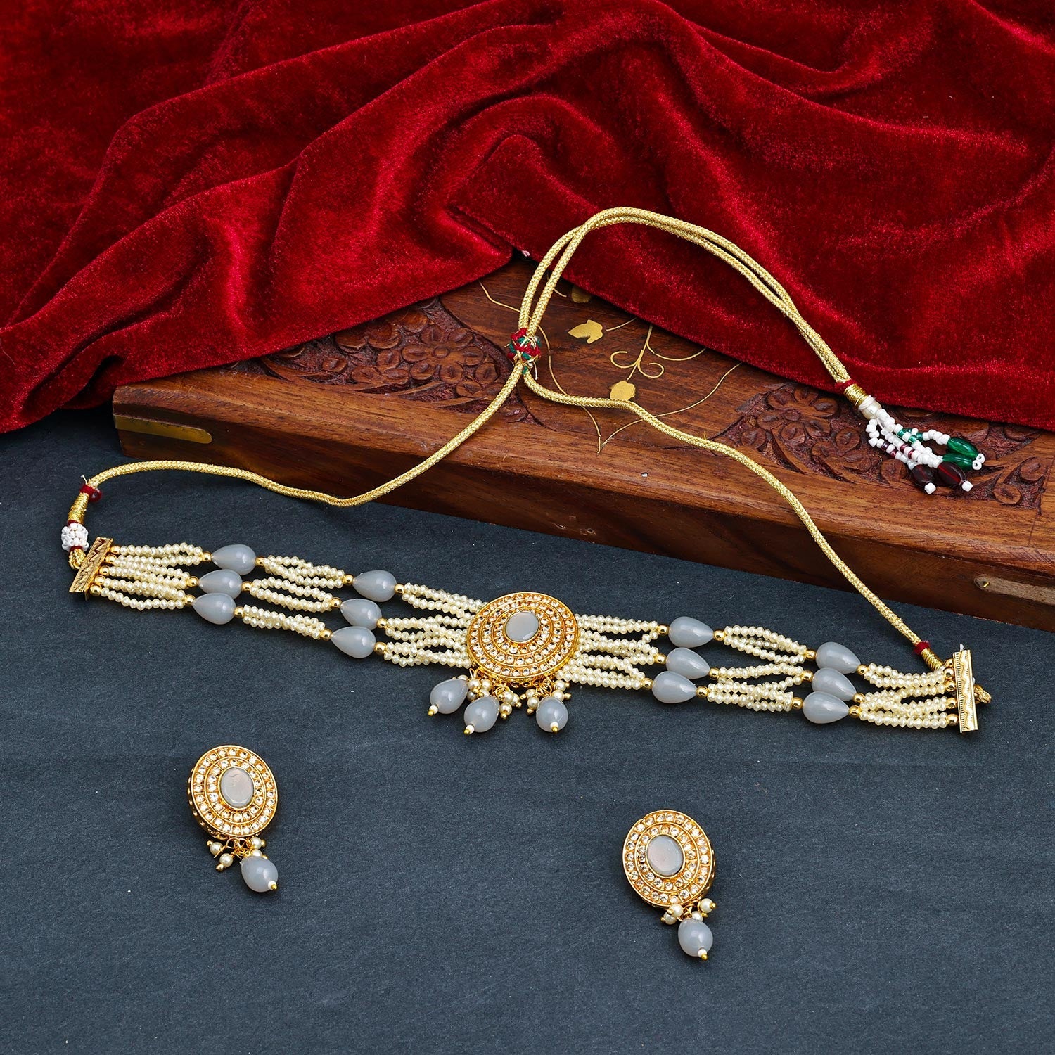 Sukkhi Grey Gold Plated CZ & Pearl Choker Necklace Set For Women