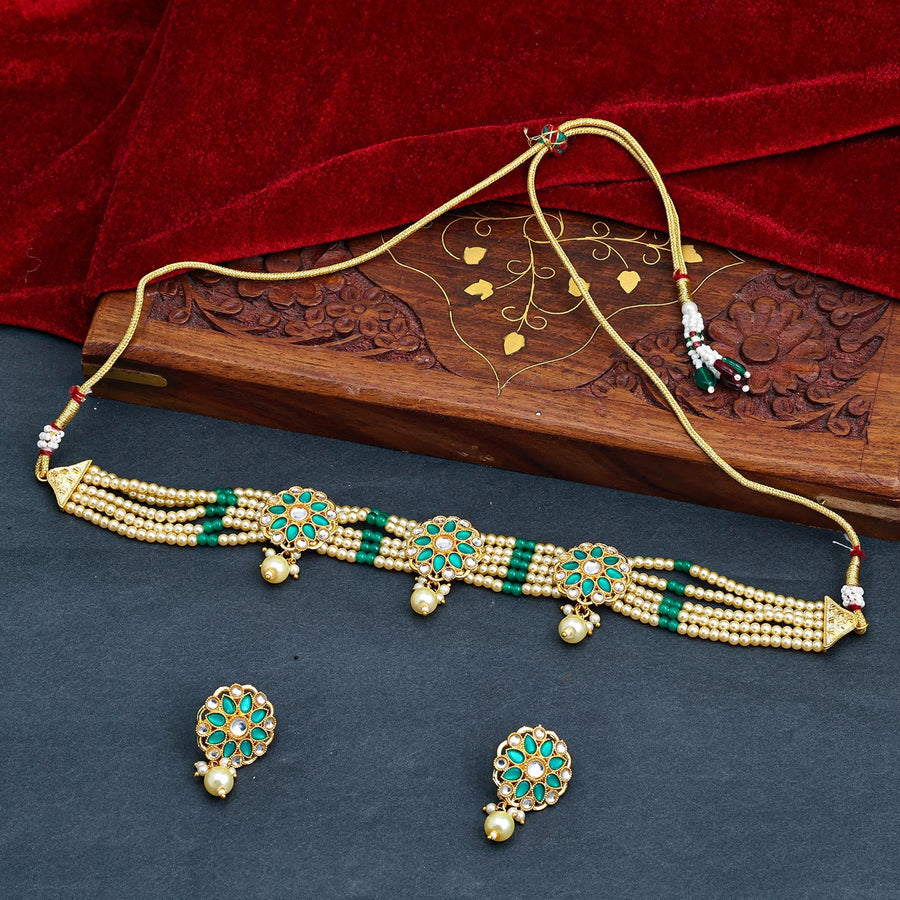 Sukkhi Green Gold Plated Kundan & Pearl Choker Necklace Set For Women