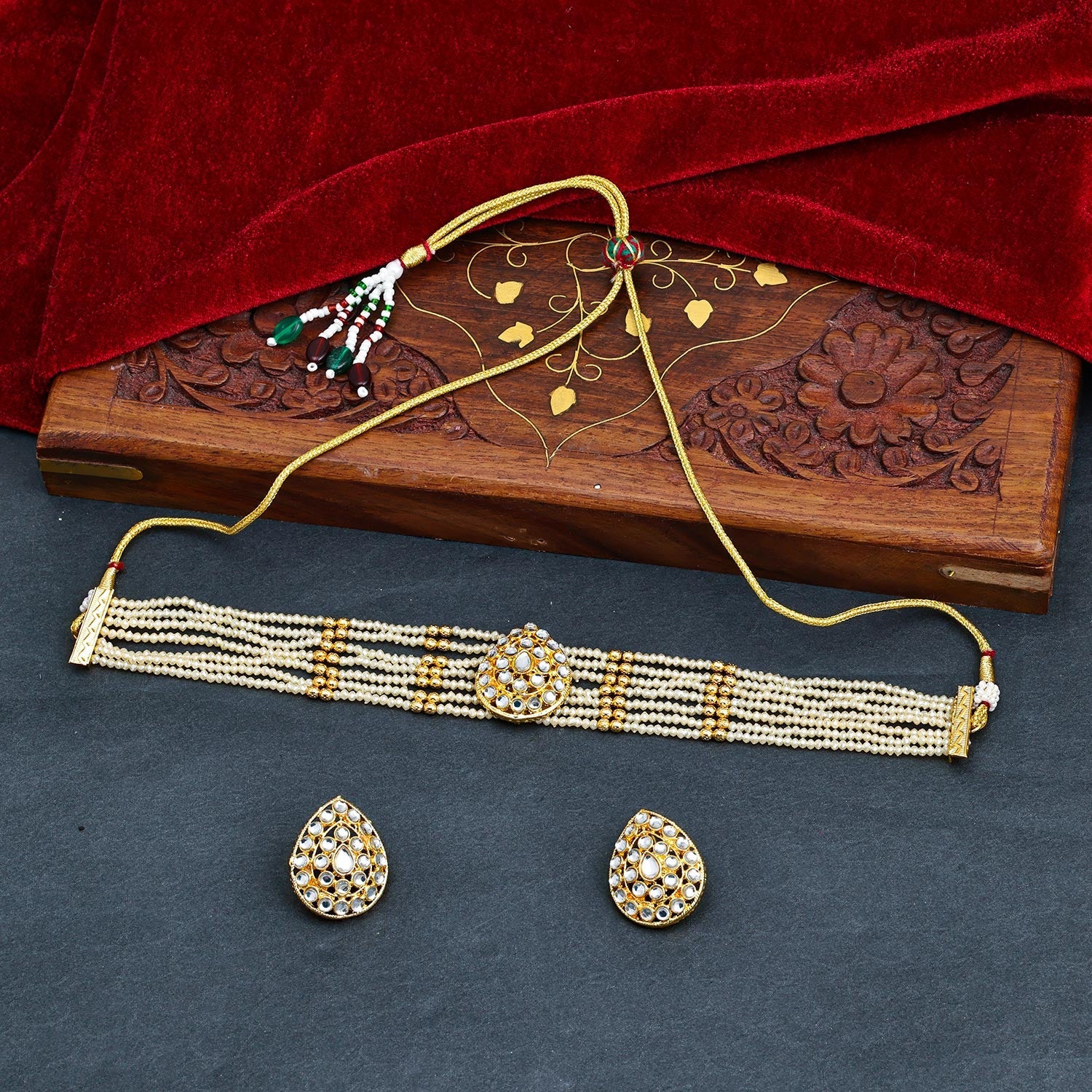 Sukkhi Golden Gold Plated Kundan & Pearl Choker Necklace Set For Women