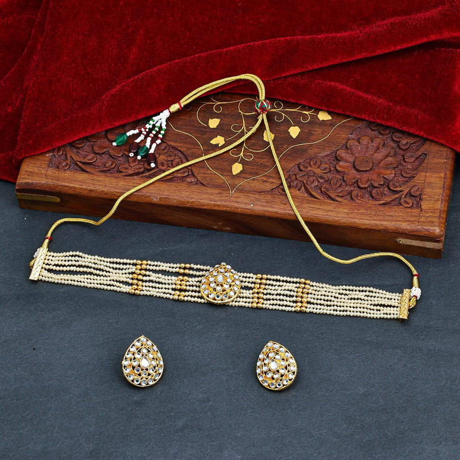 Sukkhi Golden Gold Plated Kundan & Pearl Choker Necklace Set For Women