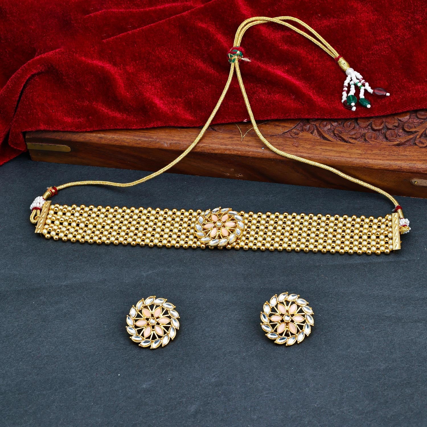 Sukkhi Peach Gold Plated Kundan & Pearl Choker Necklace Set For Women