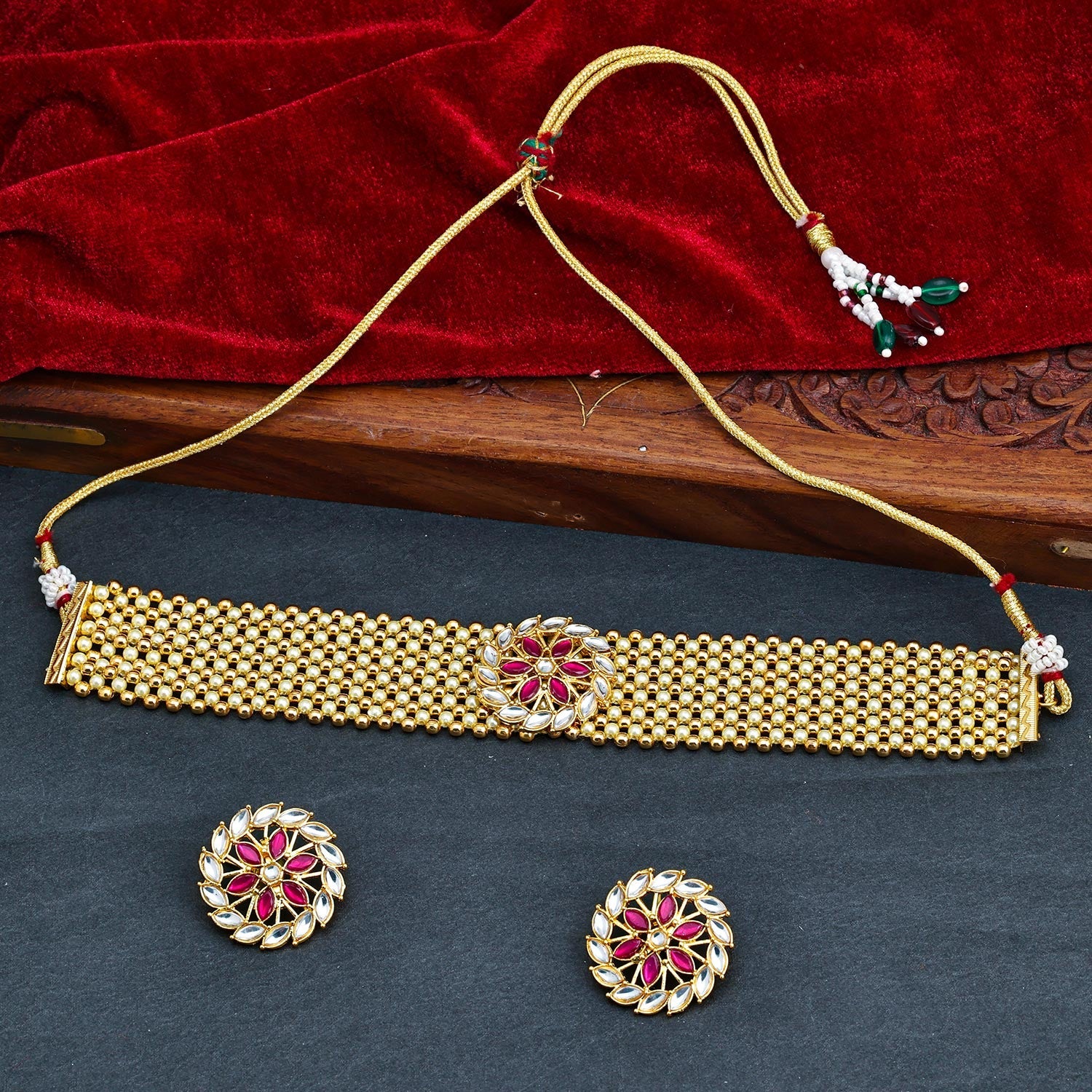 Sukkhi Pink Gold Plated Kundan & Pearl Choker Necklace Set For Women