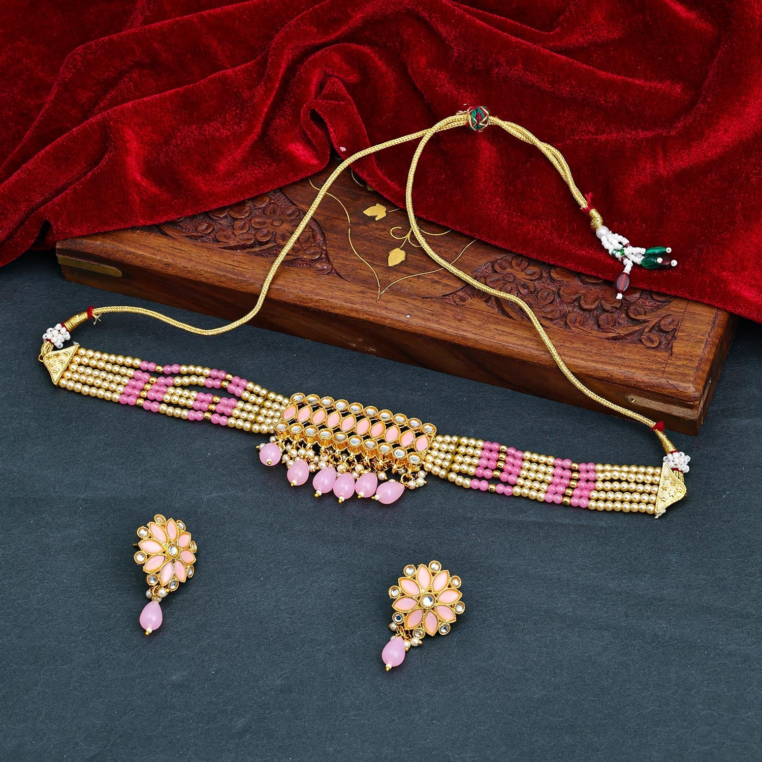 Sukkhi Pink Gold Plated Kundan & Pearl Choker Necklace Set For Women