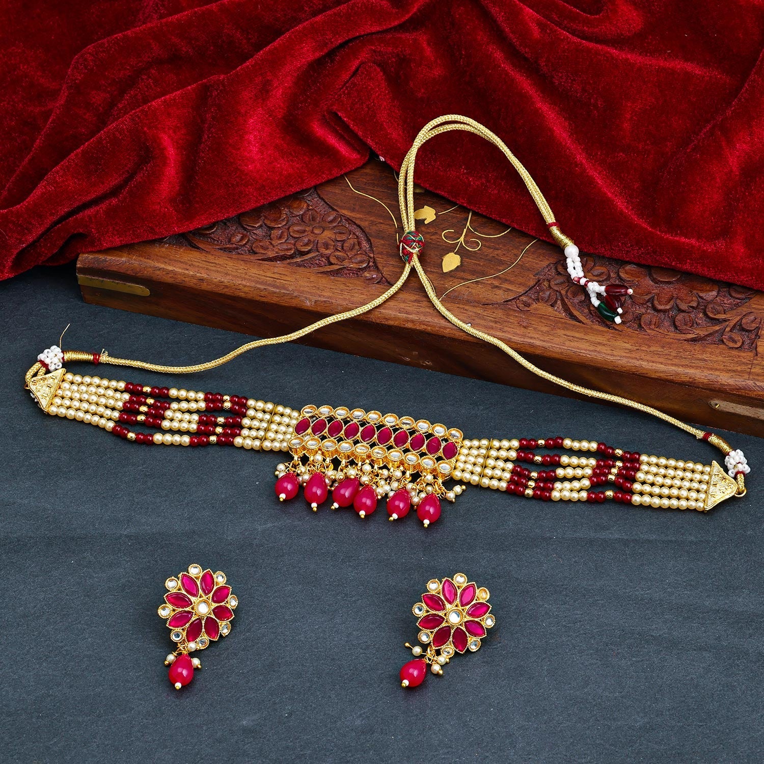 Sukkhi Maroon Gold Plated Kundan & Pearl Choker Necklace Set For Women