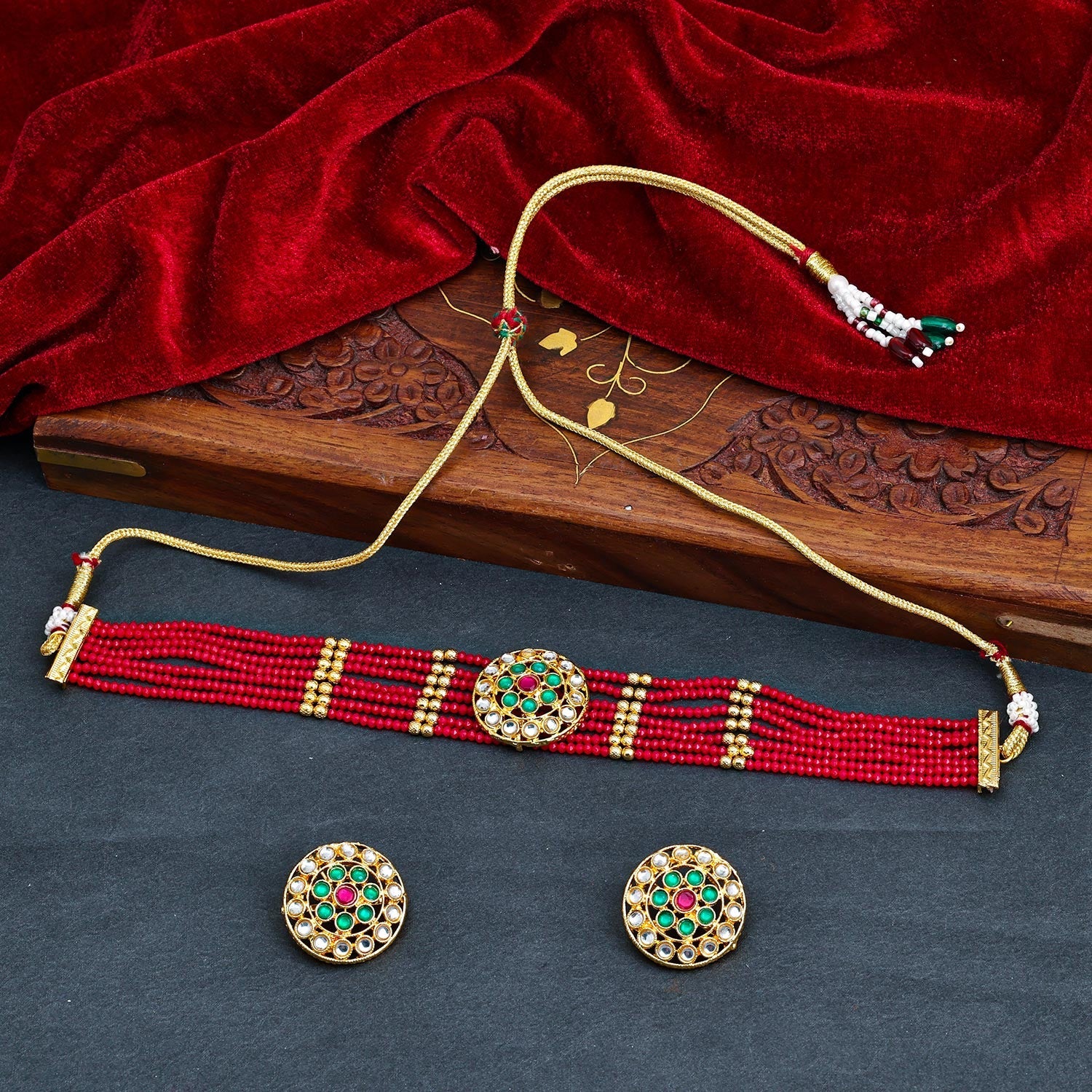 Sukkhi Red Gold Plated Kundan & Pearl Choker Necklace Set For Women