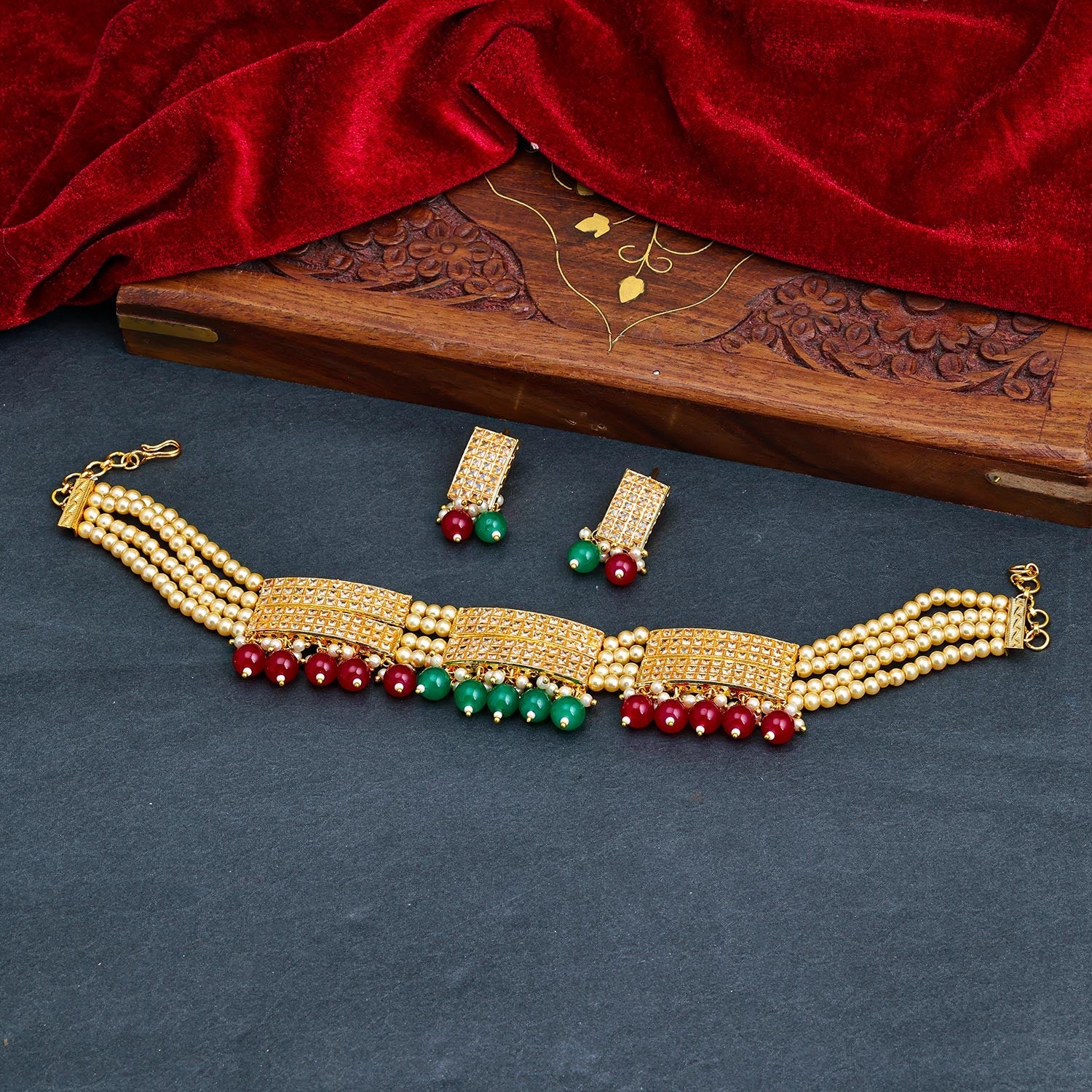 Sukkhi Multi Gold Plated Kundan & Pearl Choker Necklace Set For Women