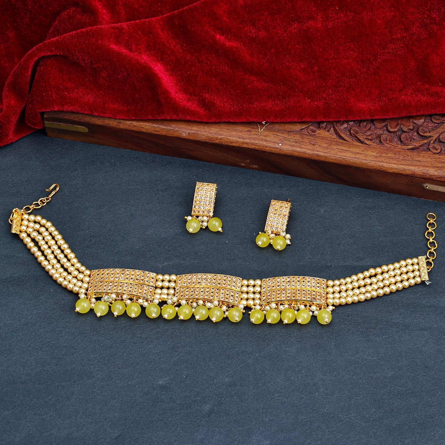 Sukkhi Yellow Gold Plated Kundan & Pearl Choker Necklace Set For Women