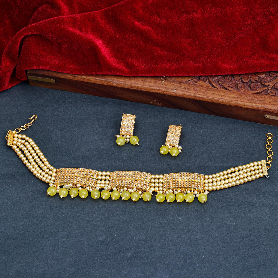 Sukkhi Yellow Gold Plated Kundan & Pearl Choker Necklace Set For Women