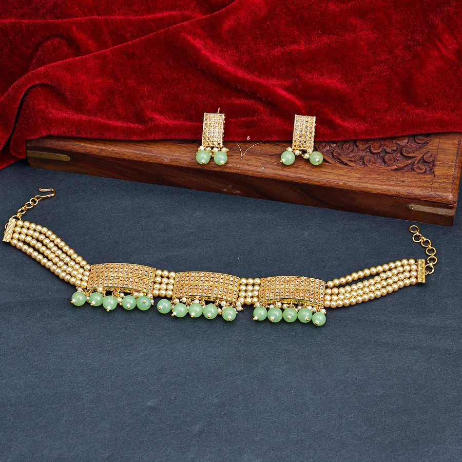 Sukkhi Pista Green Gold Plated Kundan & Pearl Choker Necklace Set For Women