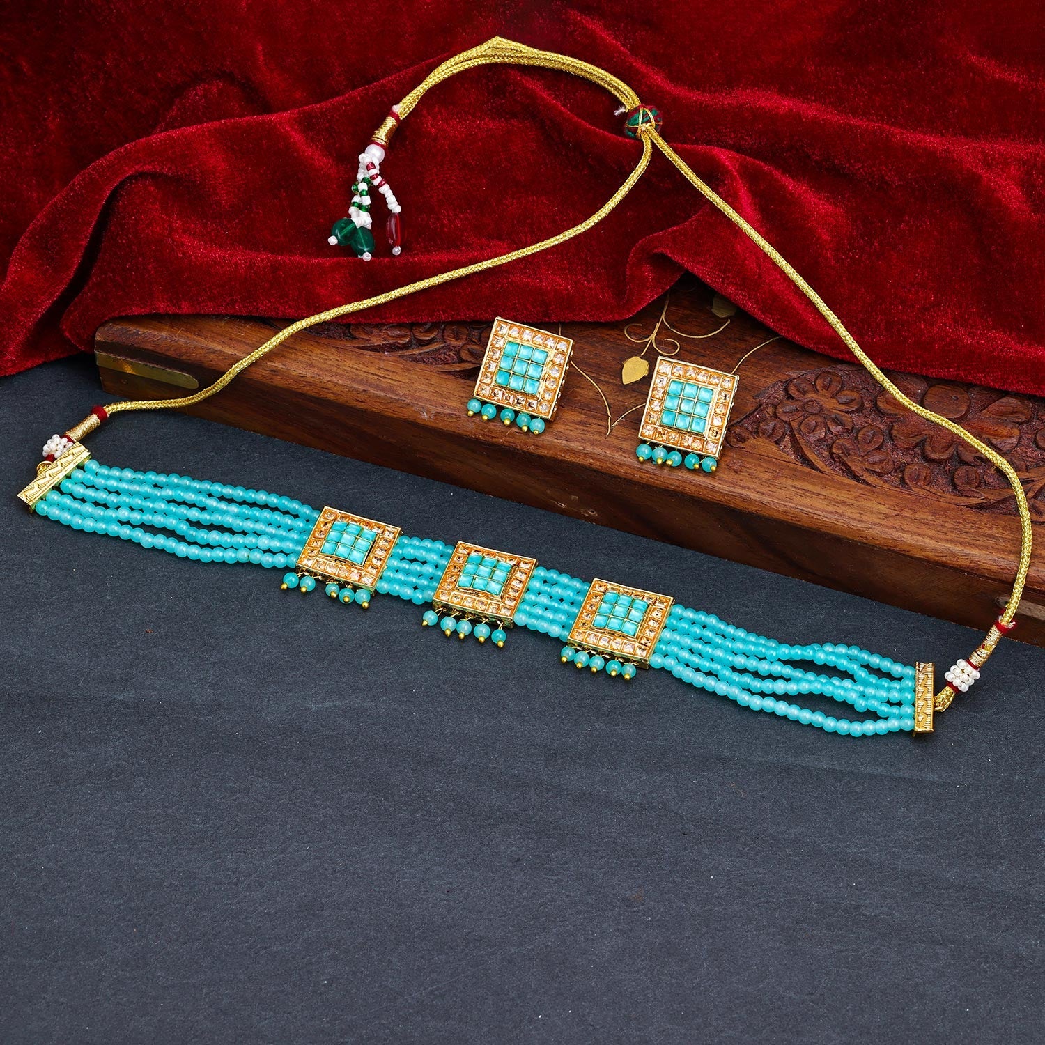 Sukkhi Aqua Gold Plated Kundan & Pearl Choker Necklace Set For Women