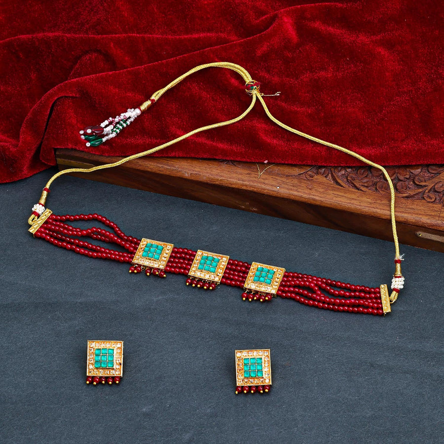 Sukkhi Maroon Gold Plated Kundan & Pearl Choker Necklace Set For Women