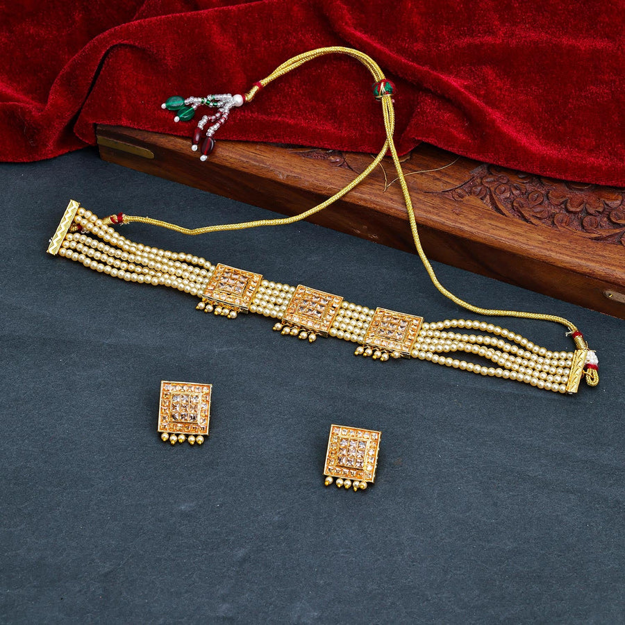 Sukkhi Golden Gold Plated Kundan & Pearl Choker Necklace Set For Women