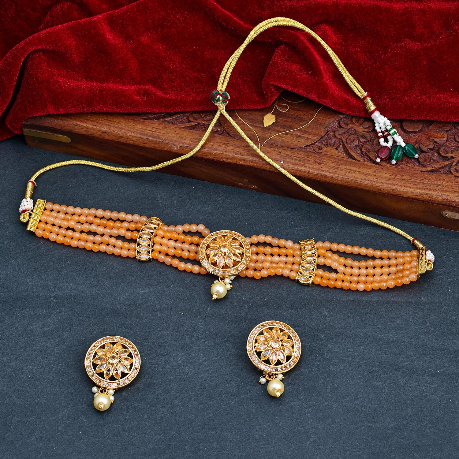 Sukkhi Peach Gold Plated Kundan & Pearl Choker Necklace Set For Women