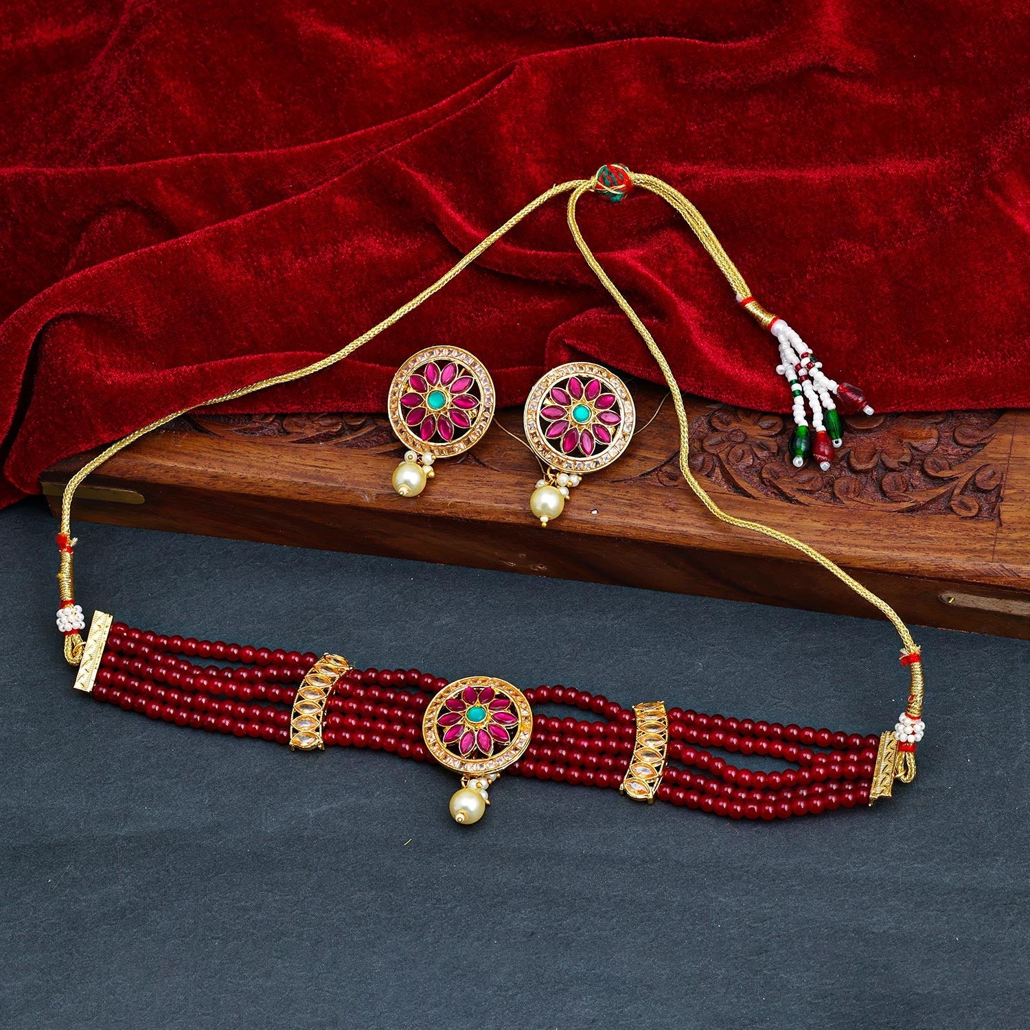 Sukkhi Maroon Gold Plated Kundan & Pearl Choker Necklace Set For Women