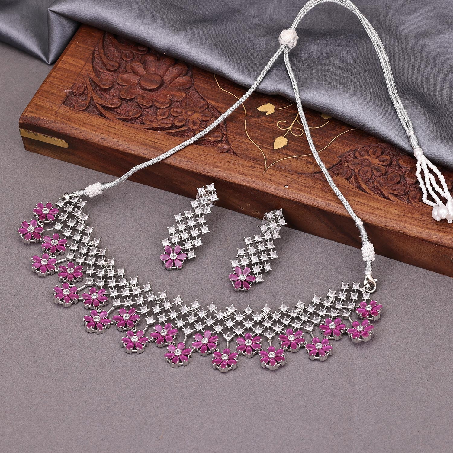 Sukkhi Pink Rhodium Plated CZ Choker Necklace Set For Women