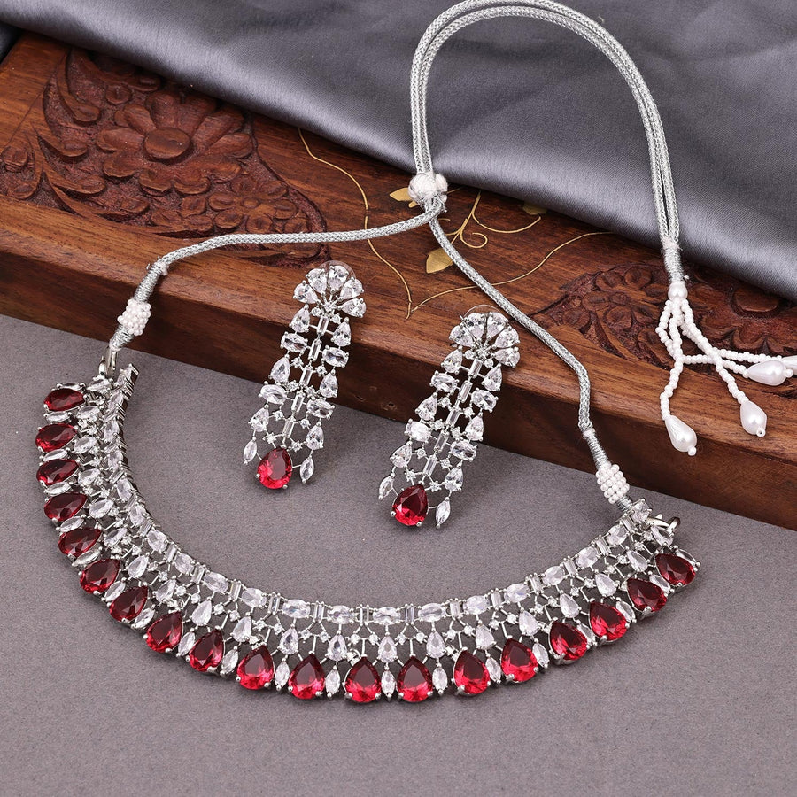 Sukkhi Maroon Rhodium Plated CZ Choker Necklace Set For Women