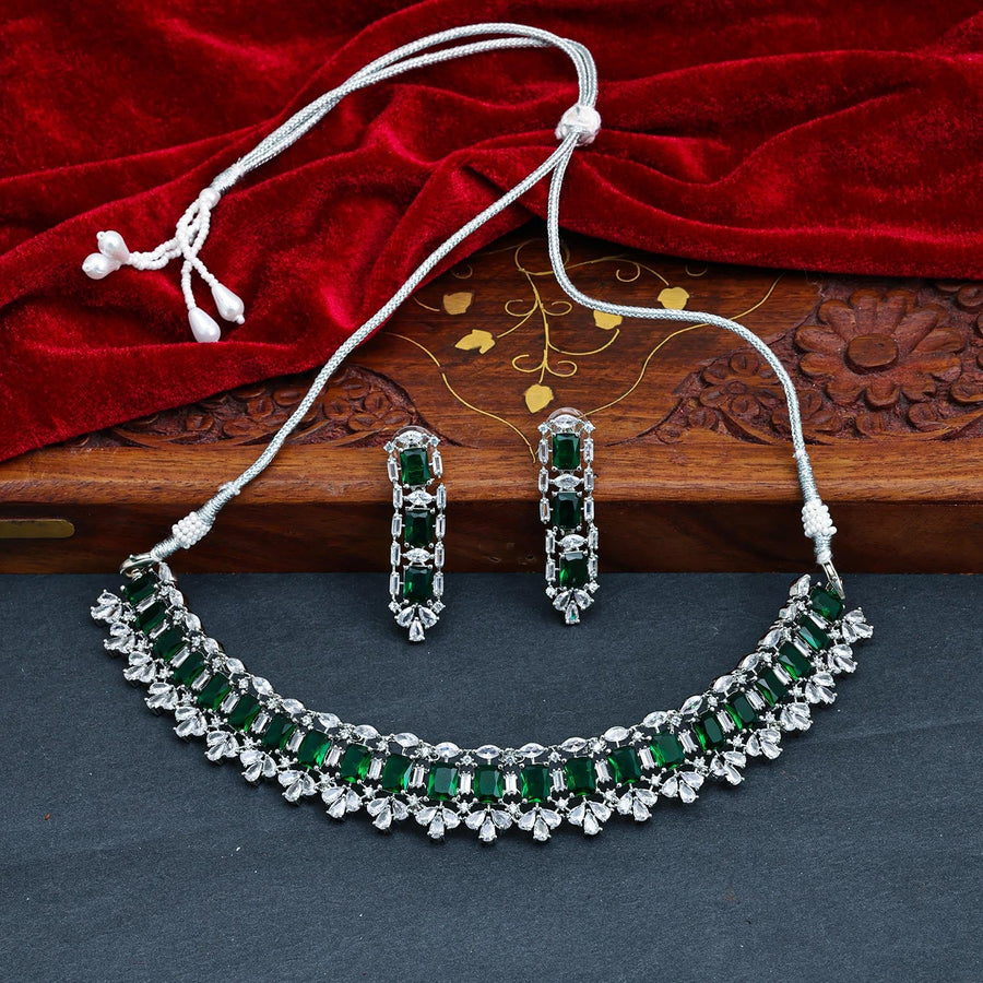 Sukkhi Green Rhodium Plated CZ Choker Necklace Set For Women
