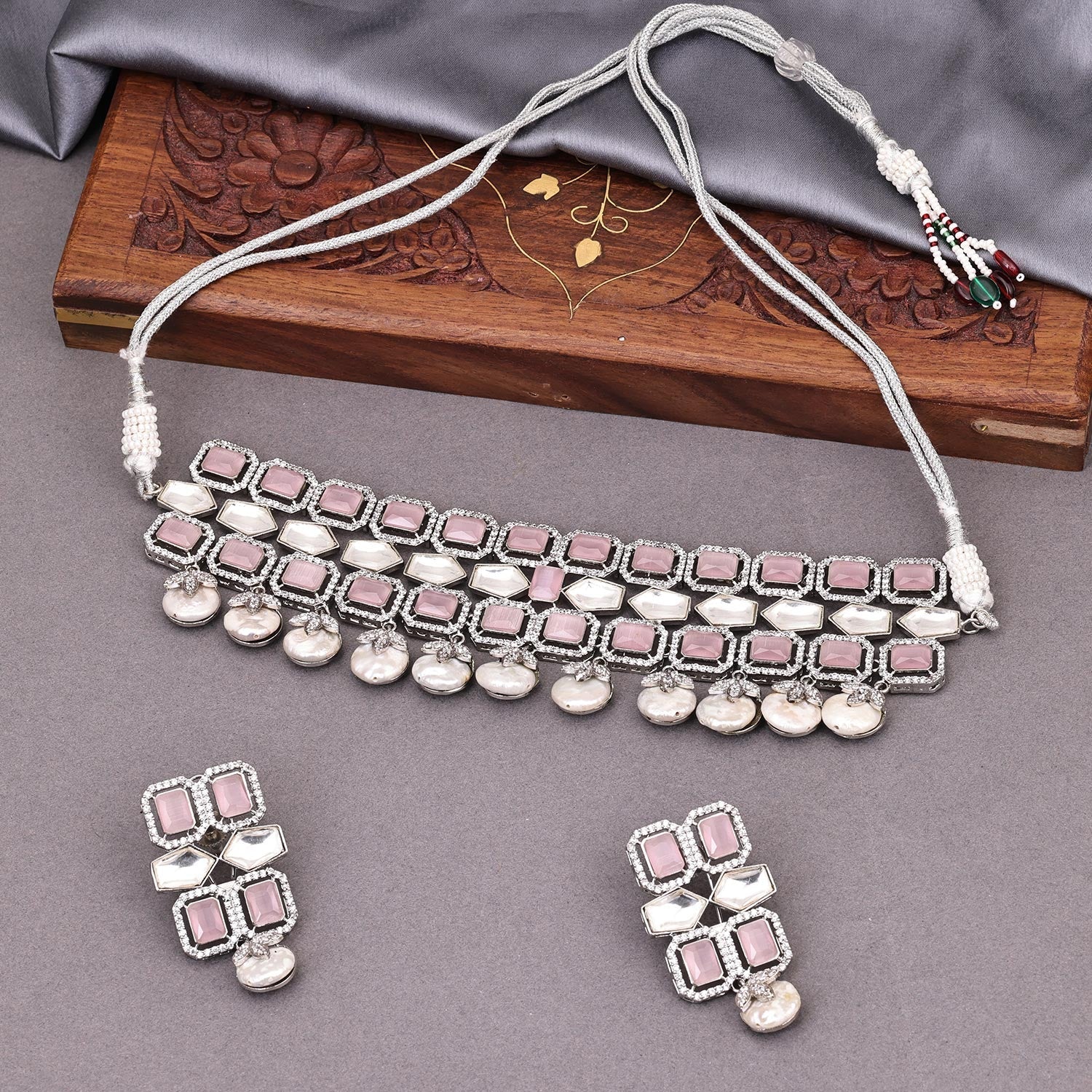 Sukkhi Pink Rhodium Plated CZ Choker Necklace Set For Women