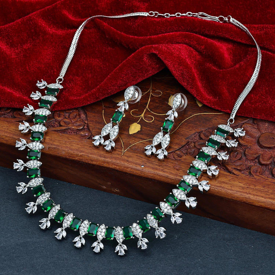 Sukkhi Green Rhodium Plated CZ Choker Necklace Set For Women