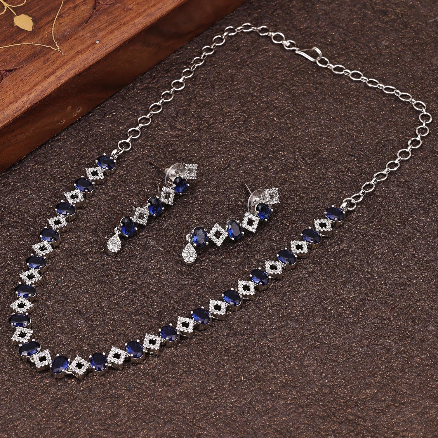 Sukkhi Blue Rhodium Plated CZ Choker Necklace Set For Women