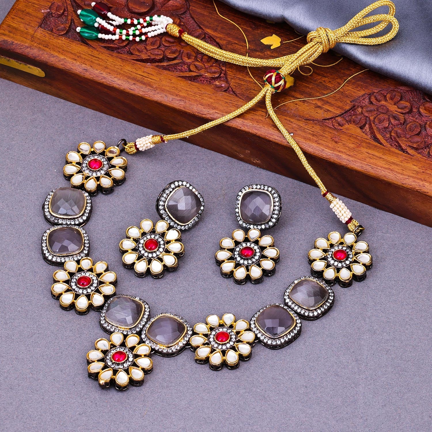 Sukkhi Grey Black Rhodium Kundan & CZ Choker Necklace Set For Women