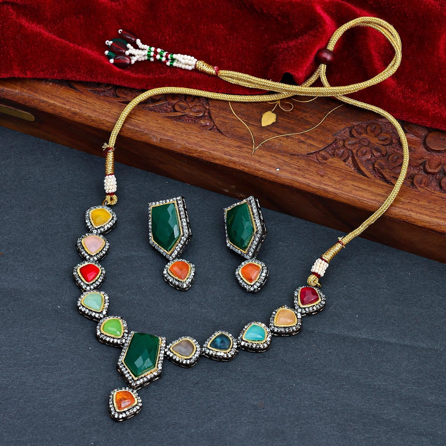 Sukkhi Multi Black Rhodium Kundan & CZ Choker Necklace Set For Women