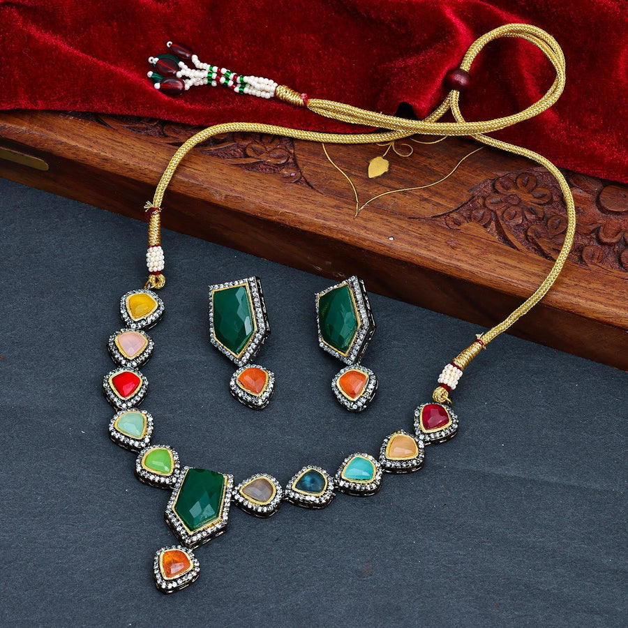 Sukkhi Multi Black Rhodium Kundan & CZ Choker Necklace Set For Women