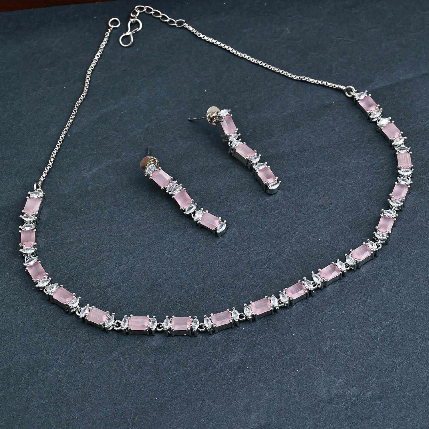 Sukkhi Pink Rhodium Plated CZ Choker Necklace Set For Women