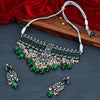 Sukkhi Green Black Rhodium Kundan & CZ & Pearl Choker Necklace Set For Women