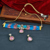 Sukkhi Blue & Pink Black Rhodium CZ & Pearl Choker Necklace Set For Women