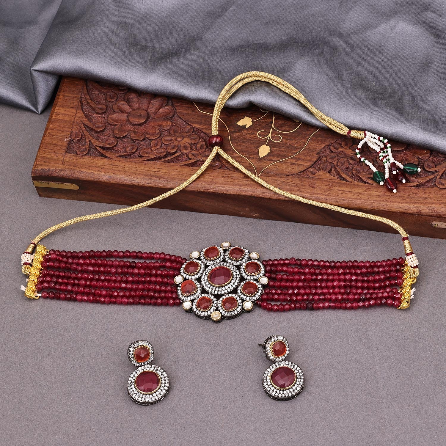 Sukkhi Maroon Black Rhodium CZ & Pearl Choker Necklace Set For Women