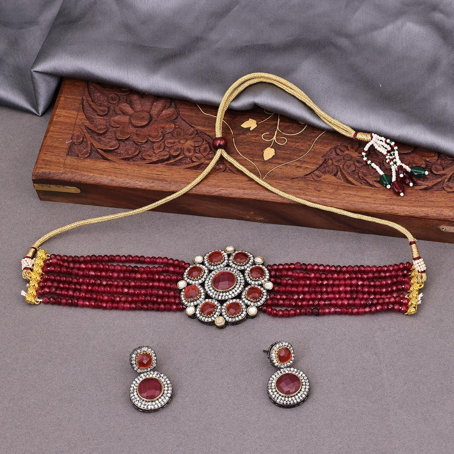 Sukkhi Maroon Black Rhodium CZ & Pearl Choker Necklace Set For Women