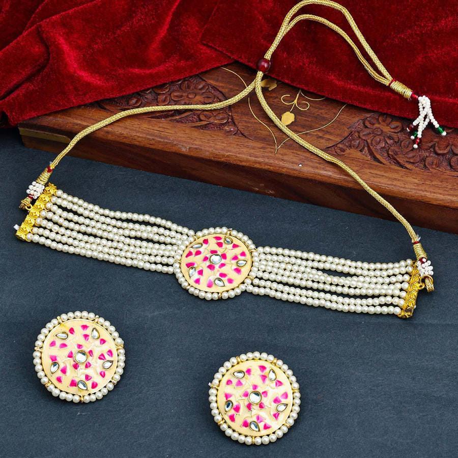 Sukkhi Yellow Gold Plated Kundan & Pearl Choker Necklace Set For Women