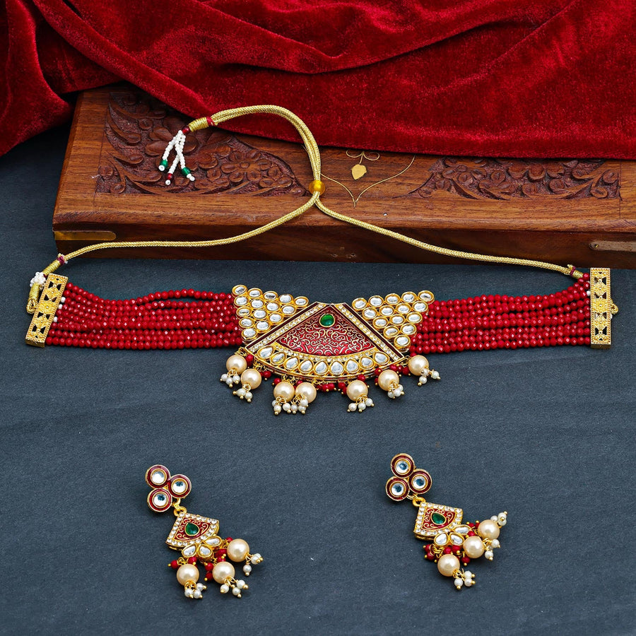 Sukkhi Maroon Gold Plated Kundan & Pearl Choker Necklace Set For Women