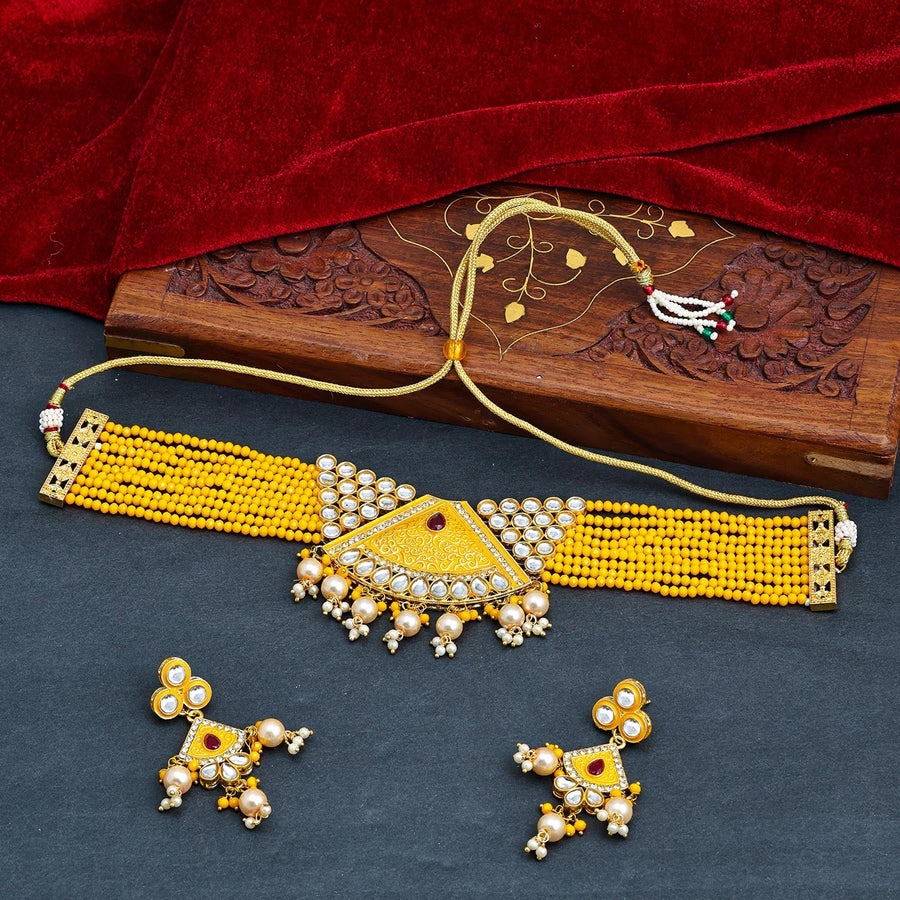 Sukkhi Yellow Gold Plated Kundan & Pearl Choker Necklace Set For Women