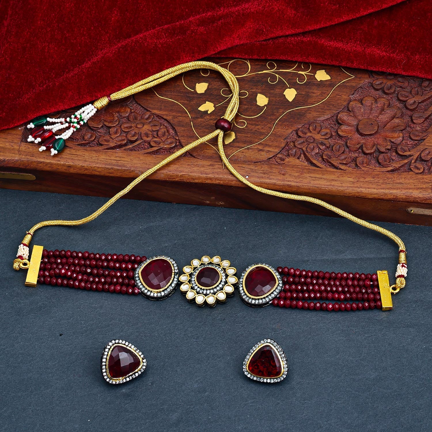 Sukkhi Maroon Black Rhodium CZ & Pearl Choker Necklace Set For Women