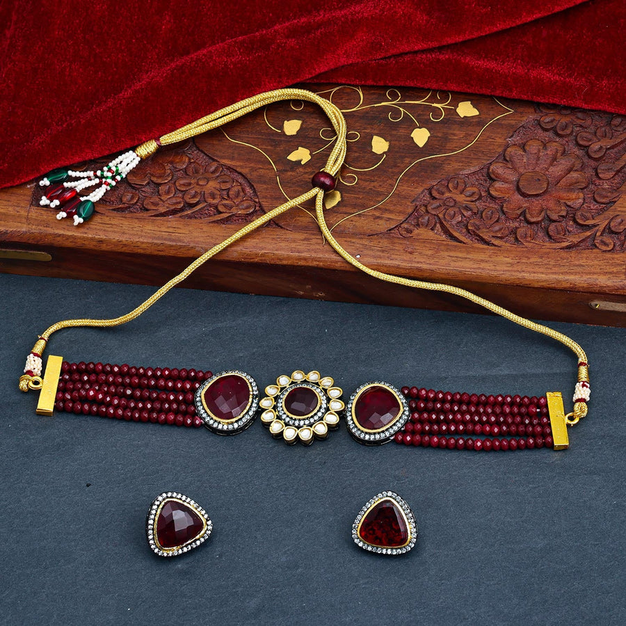 Sukkhi Maroon Black Rhodium CZ & Pearl Choker Necklace Set For Women
