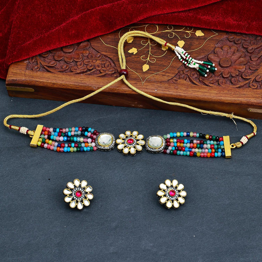 Sukkhi Multi Gold Plated Kundan & Pearl Choker Necklace Set For Women