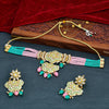 Sukkhi Pink & Green Gold Plated Kundan & Pearl Choker Necklace Set For Women
