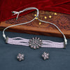 Sukkhi Pink Black Rhodium Kundan & CZ & Pearl Choker Necklace Set For Women