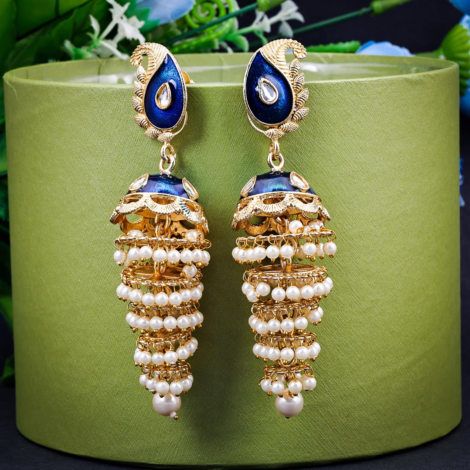 Sukkhi Blue Gold Plated Kundan & Pearl Jhumka Earring For Women